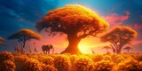 Fototapeta  - African Savanna Sunset with Acacia Trees and Elephant
