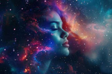 Wall Mural - Surrealistic portrait of woman with cosmic motifs