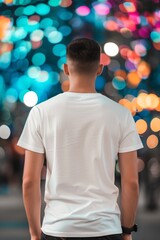 Wall Mural - back view of a men's white tshirt print on demand mockup on man blurred background - generative ai