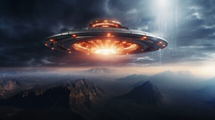 Wall Mural - an alien spaceship flying over a mountain range. generative ai.