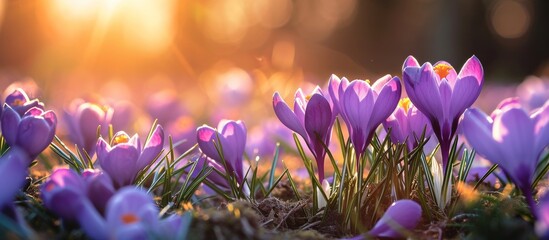 Wall Mural - Spring's vibrant backdrop features purple crocuses in bloom.