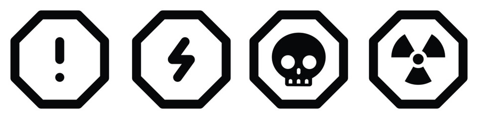 Wall Mural - set line octagon icons radioactive nuclear sign electric voltage warning danger symbol alert caution hazard danger traffic vector flat design for website mobile isolated white Background