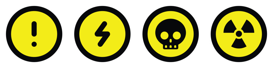 set yellow black circle icons radioactive nuclear sign electric alert voltage warning danger symbol logo caution hazard danger traffic vector flat design for website mobile isolated white Background