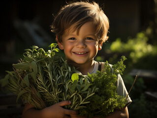 Young Boy Holding Fresh Herbs With a Smile in Sunlit Garden Setting. Young farmer. Healthy eating concept for children.