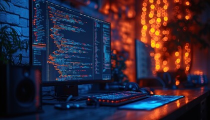 Computer engineering of web site in the code editor blurred in bokeh style. Generative AI.