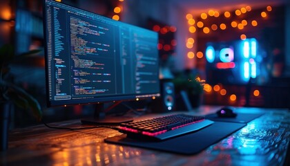 Computer engineering of web site in the code editor blurred in bokeh style. Generative AI.