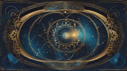 Wall Mural - fractal background with ornament A seed of life poster with a gold and abstract style. The poster has a dark blue background  