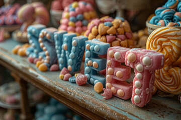Wall Mural - A playful arrangement of mixed candies spelling out 