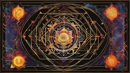 Wall Mural - fractal background _A sacred geometry art with a sri yantra and alchemy style. The art has a black background 