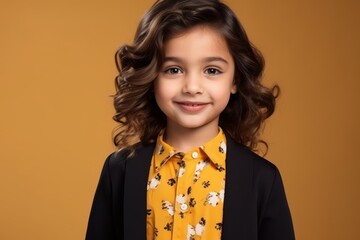 Portrait of a cute little girl with curly hair on brown background