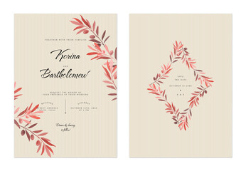 Wall Mural - wedding invitation template, red elegant olive branch on brown