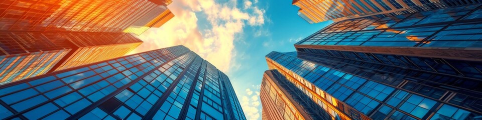 Wall Mural - Panoramic view of a citys financial district,  with skyscrapers soaring into the sky