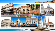 A Panoramic Collage Featuring Italy's Iconic Landmarks. The Image Integrates The Colosseum Of Rome, Venice's Waterways With Gondolas, The Leaning Tower Of Pisa, The Duomo Of Florence