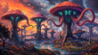 Alien organic mushroom octopus structures, science fiction landscape, wide, concept art