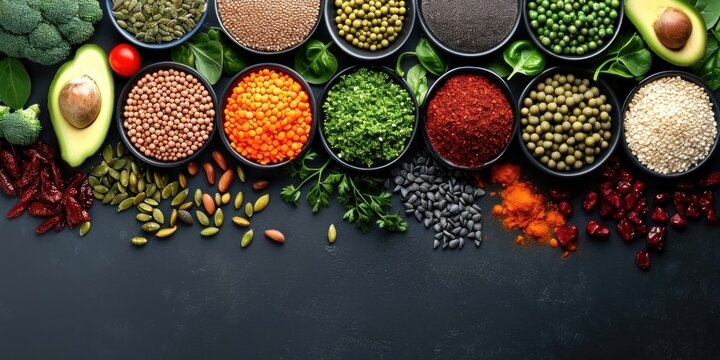 Overview of vegan cuisine Superfoods photographed from above Organic ingredients for a healthy diet, Generative AI 