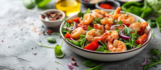 Wall Mural - Delicious shrimp salad and ingredients on a plain backdrop