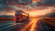 © somchairakin - Large fuel tanker. A tanker truck travels on a wet highway reflecting the vibrant sunset skies above rolling hills. Sunset Highway with Reflective Tanker Truck. generative ai