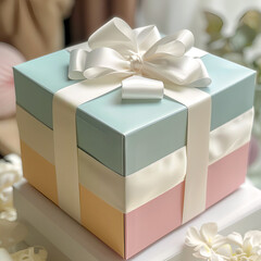 pastel gift box with white ribbon