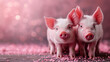 Two baby pigs stand side by side, pink background, bokeh, glitter, 