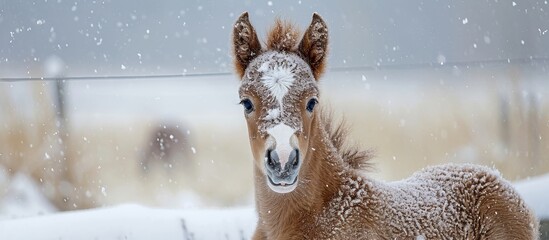 Wall Mural - Cold weather creates a snowy backdrop for a young Arabian foal with thick fur.