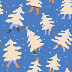 Christmas seamless pattern with people buying and carrying christmas trees. High quality photo