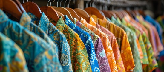 Wall Mural - Handmade printed Batik shirts in colorful hangers.