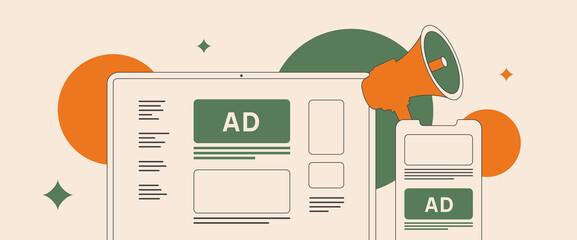 Wall Mural - Native and programmatic advertising. Contextual targeting in programmatic ad strategy. Explore latest trends in digital programmatic advertising, media promotion. Isolated flat outline illustration