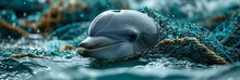 A Cute Dolphin Caught In A Fishing Net With A Big Empty Space For Text, Generative AI.