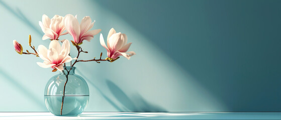 Wall Mural - Minimalistic light background with a glass vase with the magnolia plant and blurred foliage shadow on a light wall. Generated AI.