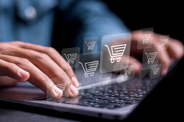 Wall Mural - person use laptop with online shopping cart icon for business ecommerce concept, online purchase, ec