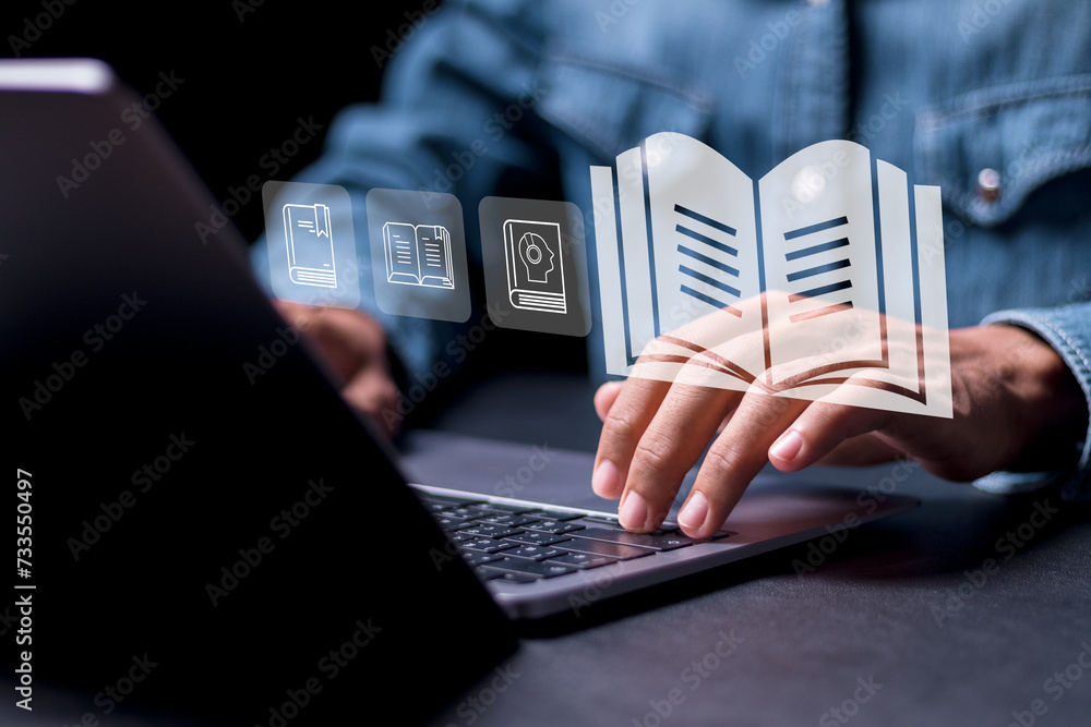 E-library concept. Person using laptop with virtual Ebook icons for ...