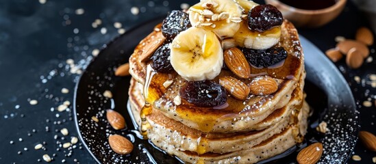 Wall Mural - Healthy breakfast option for weight management: homemade oatmeal banana pancakes topped with chia seeds, almonds, prunes, dates, honey, and crushed nuts, photographed on a dark background.