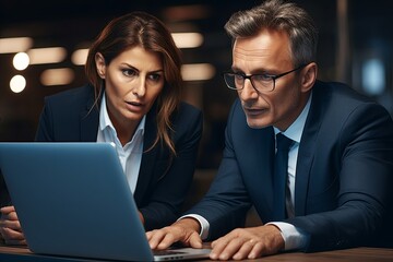 two busy professional business people working in office with computer. middle aged female executive 