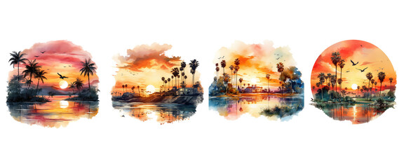 California sunset in watercolor, citycore, in the style of digital painting