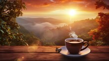 Hot Coffee And Sunrise Nature Background. Seamless Looping Overlay 4k Virtual Video Animation Background 