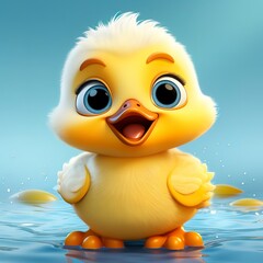 Wall Mural - flat logo of Cute baby duck with big eyes lovely little animal 3d rendering cartoon character -