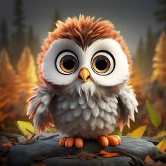 flat logo of Cute baby owl with big eyes lovely little animal 3d rendering cartoon character