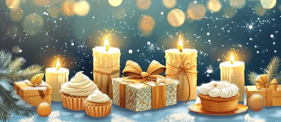 Poster - Congratulatory card with candles and golden numbers, adorned with beautiful holiday decorations, and boxes holding a cupcake or pie.