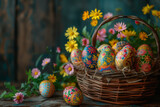 Fototapeta Storczyk - Ornate Easter Eggs in Basket with Spring Flowers