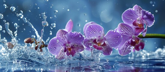 Wall Mural - Mauve orchids bloom in blue water with close-up splashes of waves and drops.