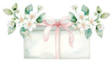 Fototapeta  - Spring gift box with white flowers and pastel ribbon, illustration