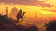 Rear view of a man riding a camel towards the mosque in the afternoon. Islamic Background. Ramadan Background