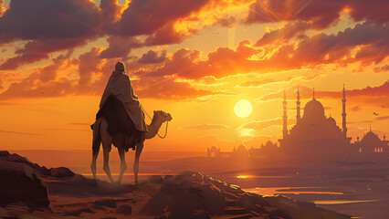 Rear view of a man riding a camel towards the mosque in the afternoon. Islamic Background. Ramadan Background