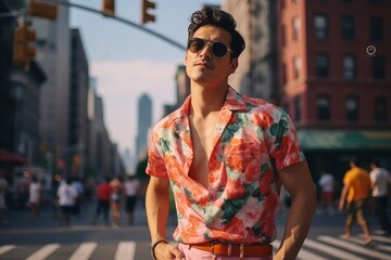 Wall Mural - Young handsome Asian man with sunglasses on the streets of New York City