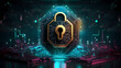 Security system on cyber technology neon light background, protect personal data