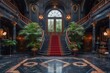 
Entrance of a luxury mansion or castle, Art Nouveau style, colors black gold, marble floor hall, large center stairs, crystal chandelier,
ballroom, grand hotel, lobby