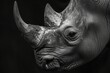 A black and white portrait of a rhinoceros head, emphasizing the textured skin and the horn's details.