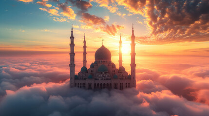 Magnificent mosque towers above the clouds against the backdrop of a clear evening sky amidst a sea of clouds