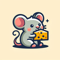 Wall Mural - flat logo of Cute mouse eating cheese cartoon