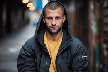 Portrait of a young man in a winter jacket on a city street